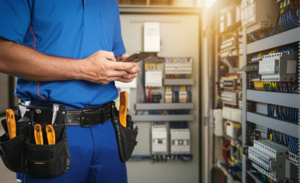 Electrical contractor using FieldTimesheet time tracking app on commercial job site